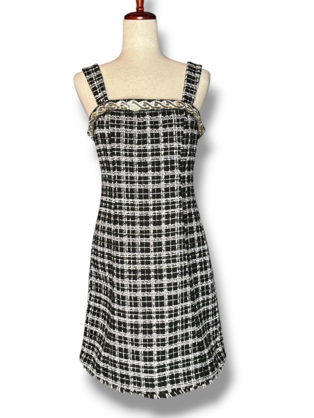 Tahari ASL Black Tweed Beaded Square Neck Mini Sheath Dress Size 8 - Picture 2 of 9